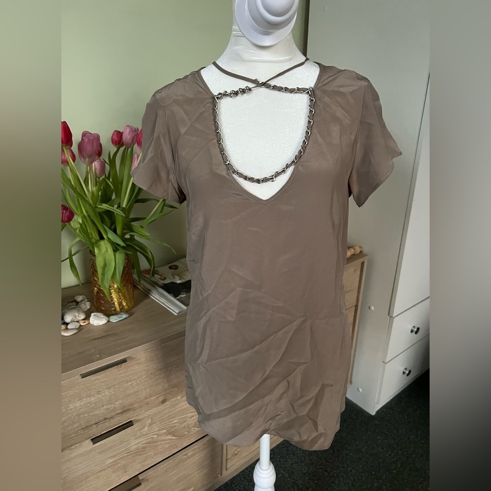 Vintage 100% Silk Y2K Taupe Lace Chain Tie-Up Peep Hole Silk Short Sleeve Blouse - Picture 5 of 16